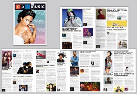 Various art designs on magazine pages.